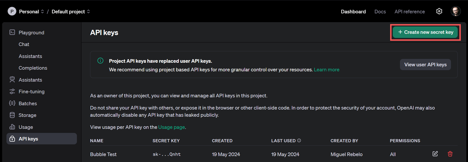 OpenAI API keys page