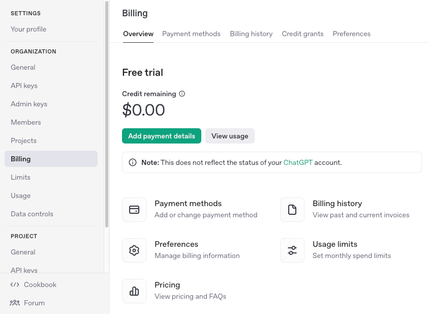 OpenAI billing setup